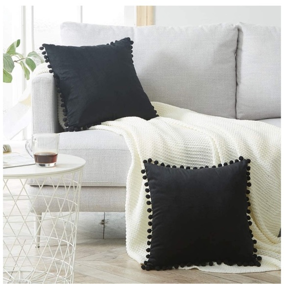 Classic Black Farmhouse Adorable Preppy Cute Pompom Throw Pillow Cover/Case Set - Picture 6 of 16